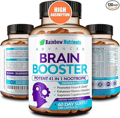 40-in-1 Brain Booster Supplements for Memory, Focus, Clarity, Energy, Performance | Natural Nootropic Brain Support Supplement with DMAE, Bacopa Monnieri & More | For Men & Women | 120 V Capsules
