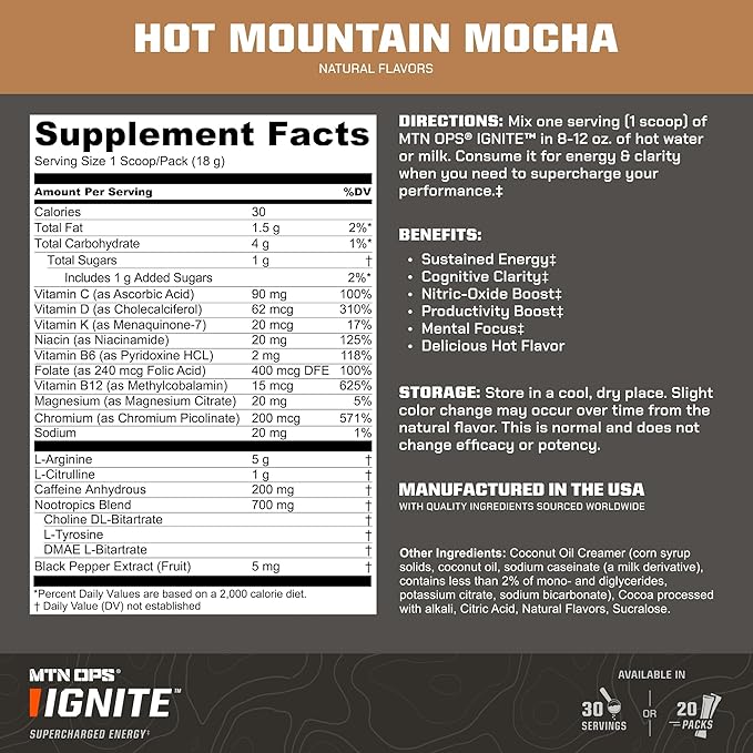 MTN OPS Hot Ignite Instant Coffee Nootropic & L-Arginine L-Citrulline for Cognitive Clarity, Mental Focus & Nitric-Oxide Boost | 200mg Caffeine per Serving, 20 Servings | Mountain Mocha Trail Packs