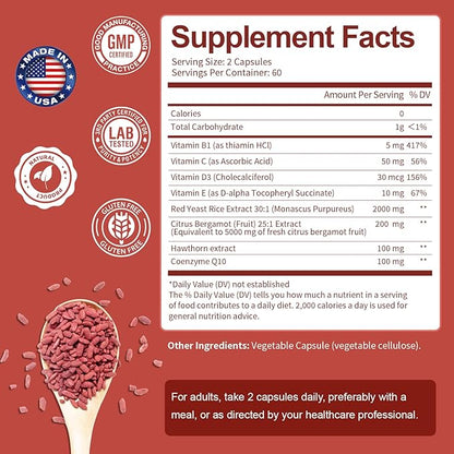 (2 Packs) Red Yeast Rice with CoQ10 Supplement - Max Strength Red Yeast Rice 2,000 mg Capsules with CoQ10 100mg Plus Citrus Bergamot - Niacin-Free, Cholesterol & Energy Supplement 3rd-Party Tested