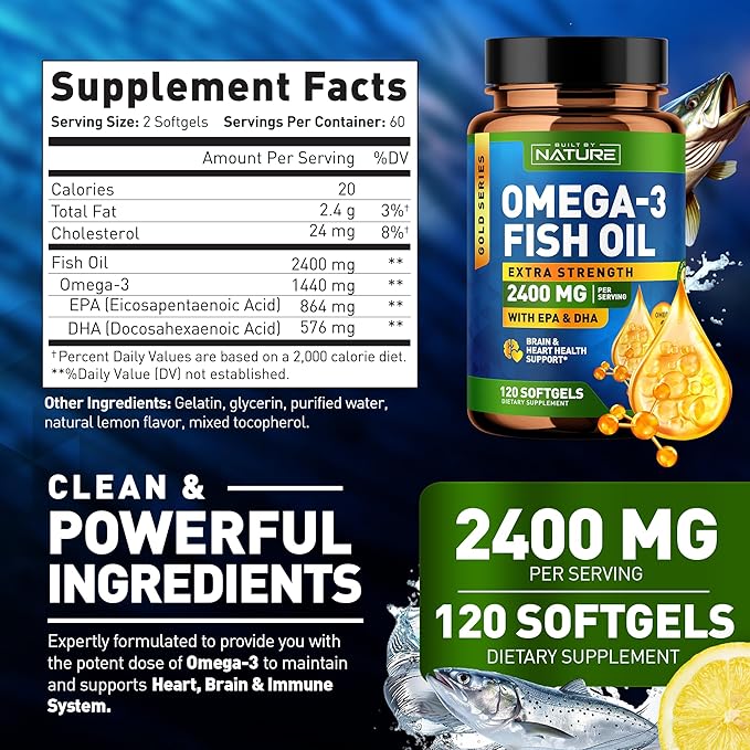 Built by Nature Omega 3 Fish Oil Soft Gels - 2400 mg Fish Oil, 1440 mg Omega 3, 864 mg EPA, 576 mg DHA - Extra Strength Brain & Heart Health Support Supplement - 120 Softgels