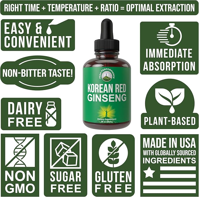 Korean Red Ginseng Liquid Drops with Pleasant Taste. from Panax Korean Root Extract for Energy, Stamina, Focus. Vegan Nootropic, Zero Sugar Oil Tincture Herbal Supplement for Men and Women