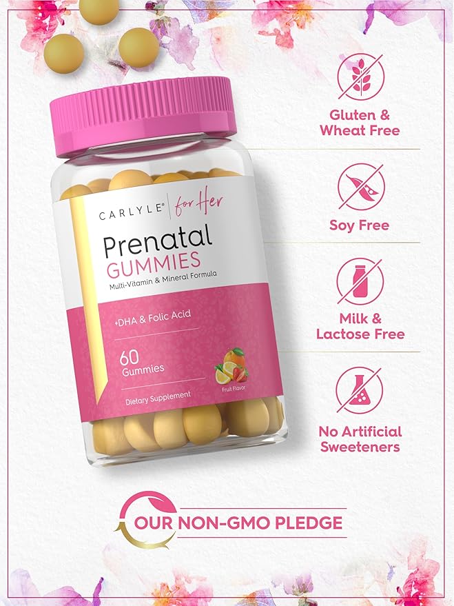 Carlyle Prenatal Gummies for Women | with DHA & Folic Acid | 60 Count | Fruit Flavor | Non-GMO, Gluten Free Supplement | for Her