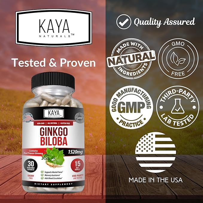 Kaya Naturals Red Panax Ginseng + Ginkgo Biloba - Nootropic Brain Supplement - Cognitive and Concentration Support - Brain Booster, Focus, and Memory Supplement - 30 Capsules