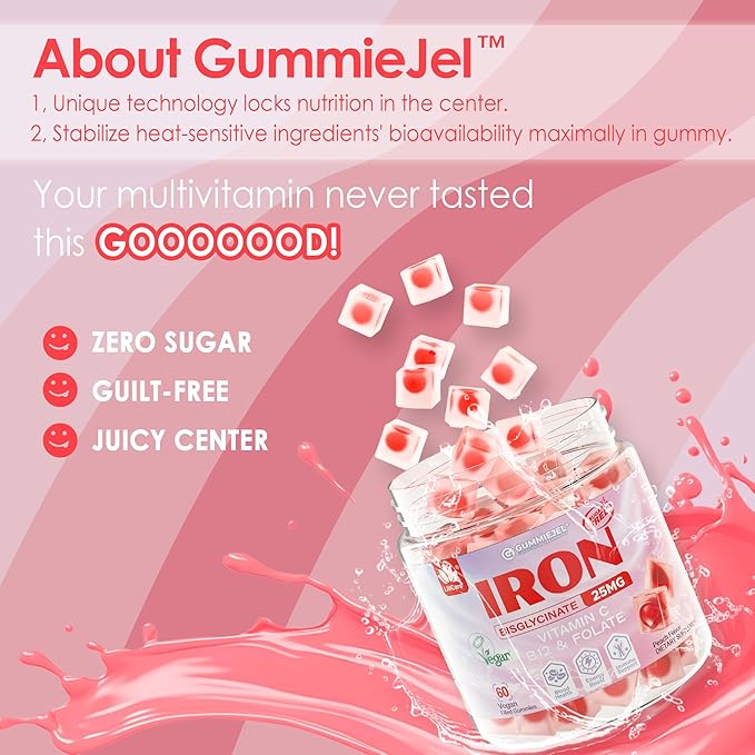 Iron Gummies for Women 25mg (Made in USA) Plus Vitamin C, Beet Root, Vitamin B12, Folate for Iron Deficiency, Anemia, Energy Boost, Sugar Free Iron Supplement, Non-Constipating, No After Taste, 60 Cts