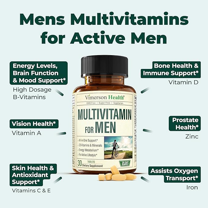Multivitamin for Men - Daily Mens Multivitamins & Multiminerals with Vitamin D, Vitamin C, B12, Zinc & Iron. Essential Vitamins for Men for Energy, Focus, Stamina, Performance, Mens Health. 30 Tablets