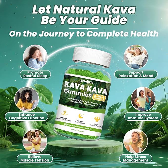 2 Pack Kava Kava Gummies, Kava Kava Root Extract Supplement with Kavalactones, Calm Gummies for Stress Relief & Better Sleep, Melatonin Free, Sugar Free, Vegan, Non-GMO, Green Grape Flavor, 120 count