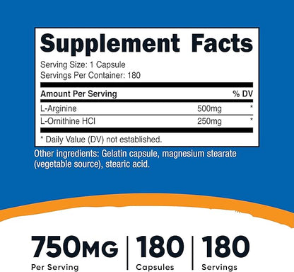 Nutricost L-Arginine L-Ornithine 750mg; 180 Capsules (2 Bottles)