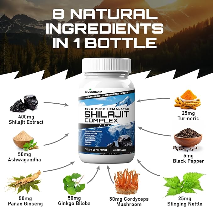 Himalayan Shilajit Capsules Men Women - Pure Himalayan Fulvic Acid Supplement Pills - Ashwagandha Turmeric Ginkgo Biloba Ginseng Cordyceps Mushroom Stinging Nettle Black Pepper