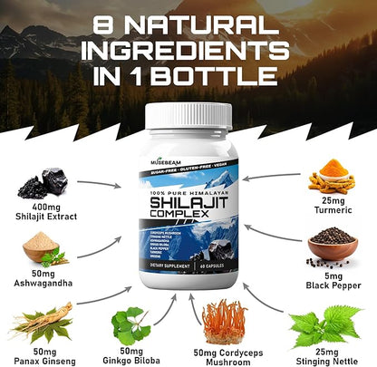 Himalayan Shilajit Capsules Men Women - Pure Himalayan Fulvic Acid Supplement Pills - Ashwagandha Turmeric Ginkgo Biloba Ginseng Cordyceps Mushroom Stinging Nettle Black Pepper