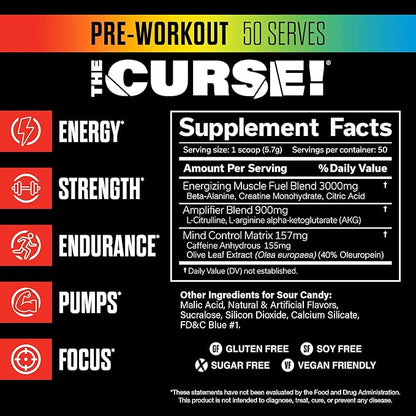 JNX SPORTS The Curse! Pre Workout Powder for Men & Women, Caffeine, Beta-Alanine, Creatine, L-Citrulline, 50 Servings, Sour Candy Flavor – Boost Energy, Strength & Focus
