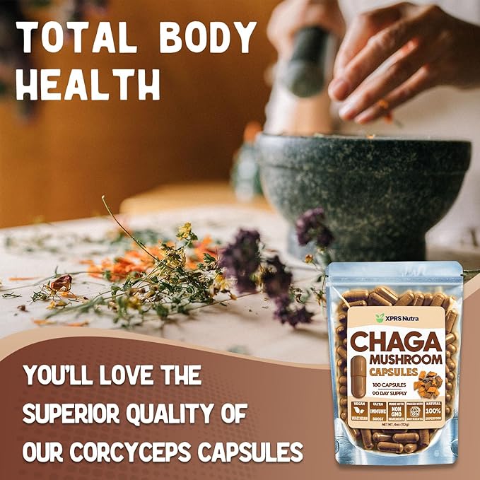 XPRS Nutra Chaga Mushroom Capsules - Premium USDA Chaga Mushrooms Capsules- Encapsulated Chaga Mushroom Powder for an Immunity Boost - Vegan Friendly Superfood for Chaga Tea and Beverages - 180 Count