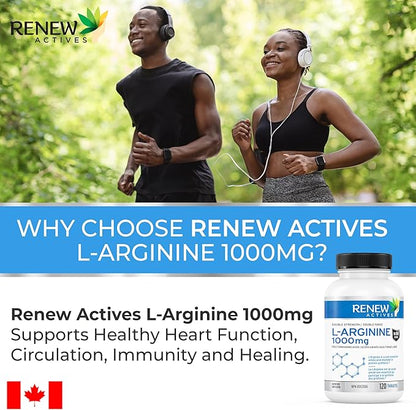 Renew Actives L-Arginine Supplement 1000MG for Serving - Strength & Endurance, Essential for Protein Synthesis & Muscle Function, Physical Performance Booster - Made in Canada - 120 Tablets