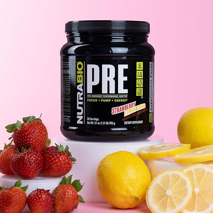 NutraBio PRE Workout Powder - Old Formula- Sustained Energy, Mental Focus, Endurance - Beta Alanine, Creatine, Caffeine, Electrolytes - 20 Servings - Strawberry Lemon Bomb