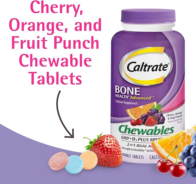Caltrate Chewables 600 Plus D3 Plus Minerals Calcium Vitamin D Supplement, Cherry, Orange and Fruit Punch - 60 Count