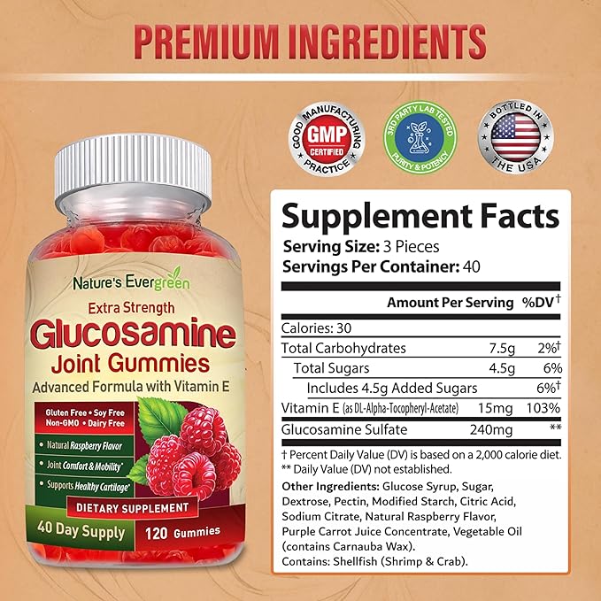 Extra Strength Glucosamine Joint Support Gummy Supplement | Natural Joint Health Support & Flexibility for Back, Knees, & Hands | Vitamin E for Immune Support for Women & Men | 120 Gummies