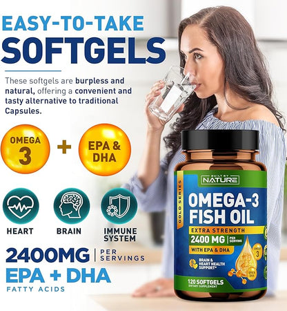 Built by Nature Omega 3 Fish Oil Soft Gels - 2400 mg Fish Oil, 1440 mg Omega 3, 864 mg EPA, 576 mg DHA - Extra Strength Brain & Heart Health Support Supplement - 120 Softgels