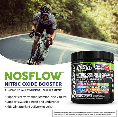NosFlow Nitric Oxide Supplements for Men | Beet Root Taurine L-Arginine Malic Acid L-Arginine L-Citrulline Pine Bark Glycerol Agmatine Grape Seed Vitamin C Vitamin B12 Vitamin B3 by Clean Nutra