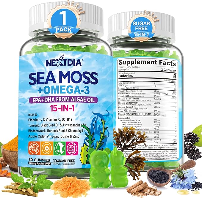 Sea Moss Gummies + Omega-3 (Made in USA) Vegan for Man Women, Organic Irish Seamoss Supplement w/Ashwagandha, Turmeric, Vitamins D3 B12 C, Burdock Root, Bladderwrack, for Brain, Energy, Immunty, 60Cts