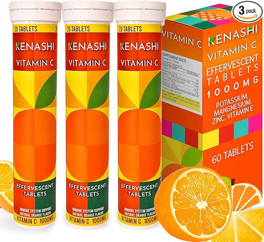 Vitamin C Effervescent Tablets 1000mg with Magnesium Zinc Vitamin E & Potassium Vitamina C Efervescente 60 Tables 3 Pack Vitamina C
