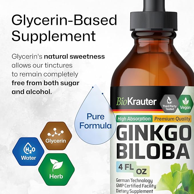 BIO KRAUTER Ginkgo Biloba Extract - Liquid Ginkgo Biloba Supplements for Brain - Vegan, Alcohol & Sugar Free - 4 Fl Oz