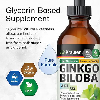 BIO KRAUTER Ginkgo Biloba Extract - Liquid Ginkgo Biloba Supplements for Brain - Vegan, Alcohol & Sugar Free - 4 Fl Oz