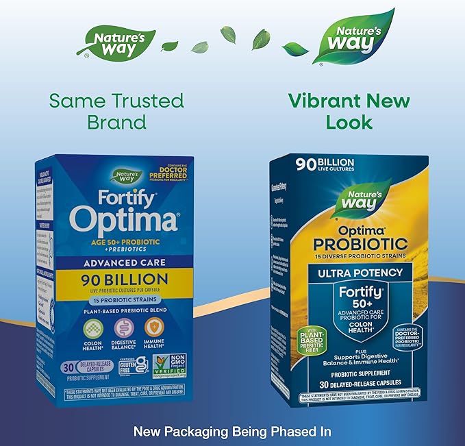 Nature's Way Fortify Optima Probiotic for Adults 50+, 90 Billion Live Cultures, 15 Strains, Colon Health*, Supports Digestive Balance and Immune Health*, 30 Capsules (Packaging May Vary)