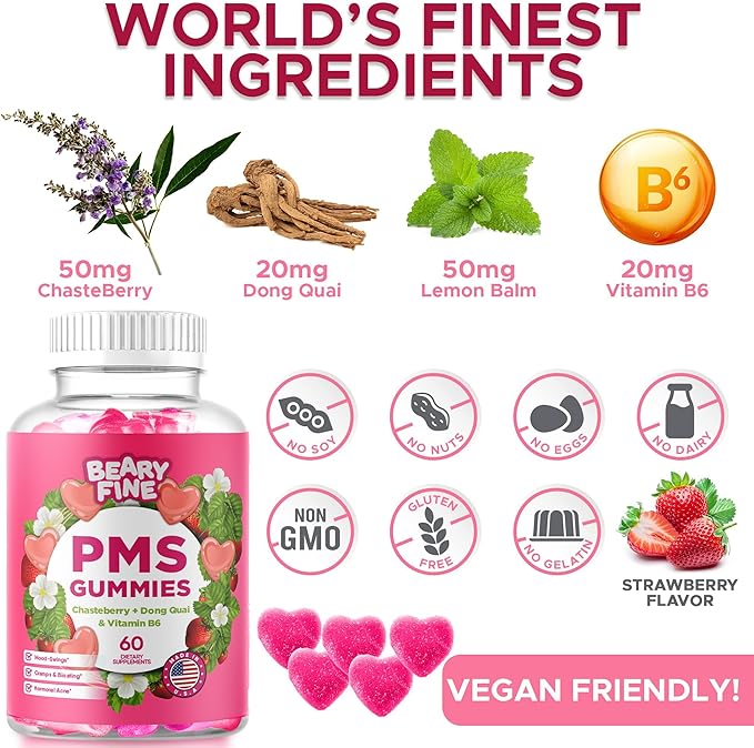 PMS Gummies - PMS Vitamins for Women & Teens - PMS Period Relief - Cramping, Bloating, Mood Swings - Made in The USA (Strawberry, 60 Count)