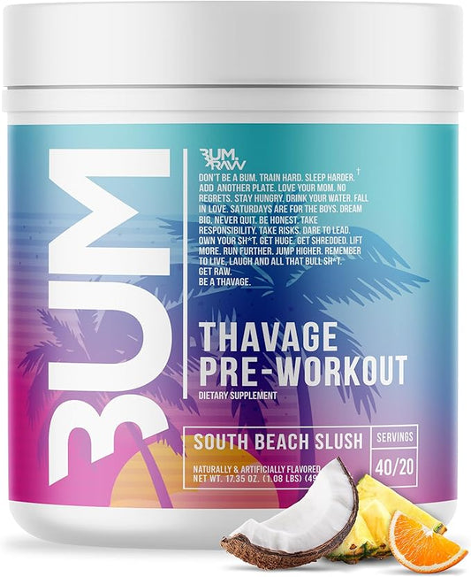 RAW Preworkout Powder, Thavage (South Beach Slush) - Chris Bumstead Sports Nutrition Supplement for Men & Women - Cbum Pre Workout for Working Out, Hydration, Mental Focus & Energy - 40 Servings