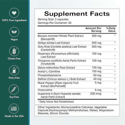 Natura Health Products Vibrant Mind - Nootropic Brain Supplement for Memory and Focus* - Featuring Bacopa, Ginkgo Biloba, Centellin & Phosphatidylserine -Caffeine Free (90 Capsules)