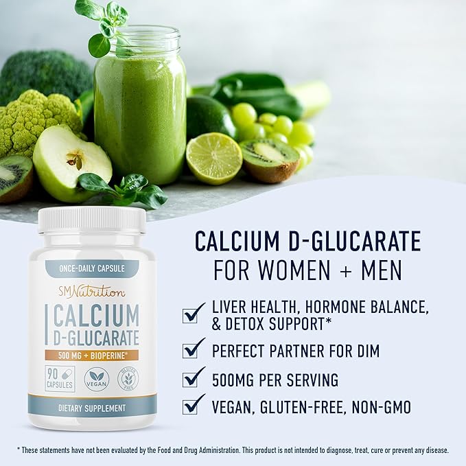 Calcium D-Glucarate | 500MG | CDG for Liver Detox and Cleanse, Hormone Balance, and Menopause Support | Calcium Supplement | Vegan, Non-GMO, Third-Party Tested | 90 Capsules (3-Month Supply)
