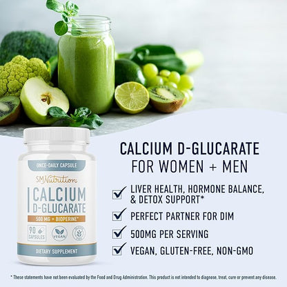 Calcium D-Glucarate | 500MG | CDG for Liver Detox and Cleanse, Hormone Balance, and Menopause Support | Calcium Supplement | Vegan, Non-GMO, Third-Party Tested | 90 Capsules (3-Month Supply)