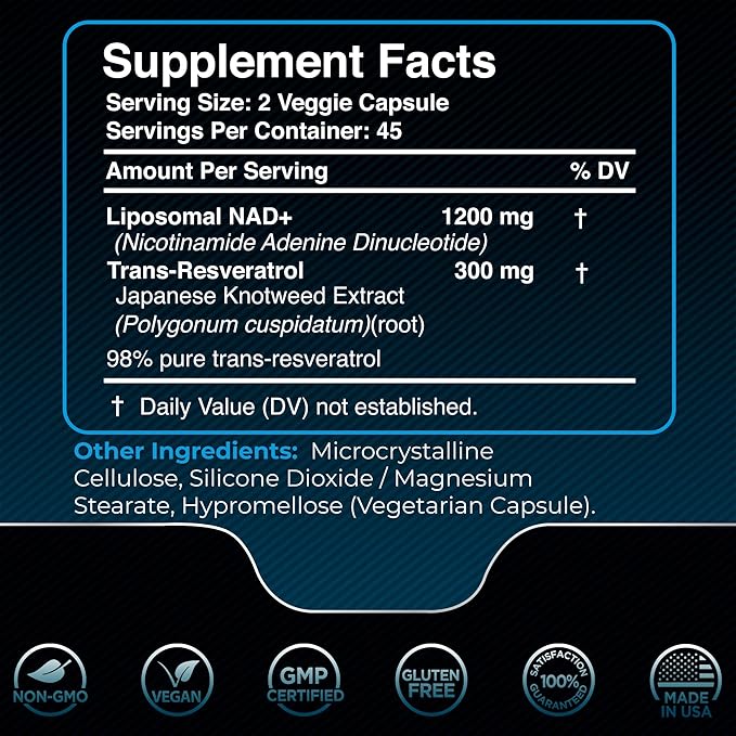 NAD Supplement, 1500mg - Liposomal NAD+ Supplement with Resveratrol, NAD Plus Boosting - Support Cellular Health, Stamina & Healthy Aging - Ultra Strength Capsules, USA Made - 6 Pack