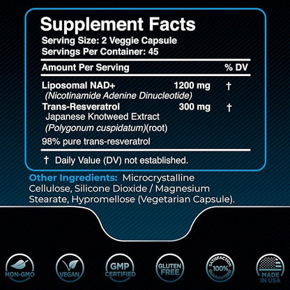 NAD Supplement, 1500mg - Liposomal NAD+ Supplement with Resveratrol, NAD Plus Boosting - Support Cellular Health, Stamina & Healthy Aging - Ultra Strength Capsules, USA Made - 6 Pack