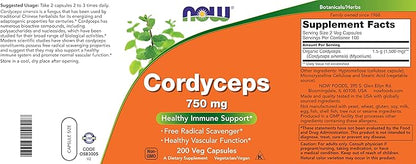 NOW Foods Cordyceps 750mg 200 Veg Caps - Organic Cordycep Sinensis Mycelium Mushroom in Non-Organic Capsules - Vegan, Non-GMO