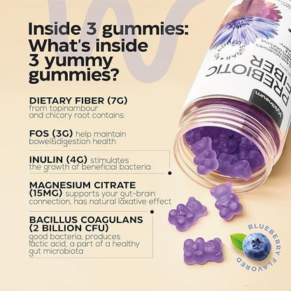 High Prebiotic Fiber Gummies for Women and Men 7G per Serving - Dietary Beet FOS Fiber, Magnesium Citrate, Inulin, Probiotic - Gummy Supplement for Digestive Health - No GMO, Sugar Free - 160 pcs