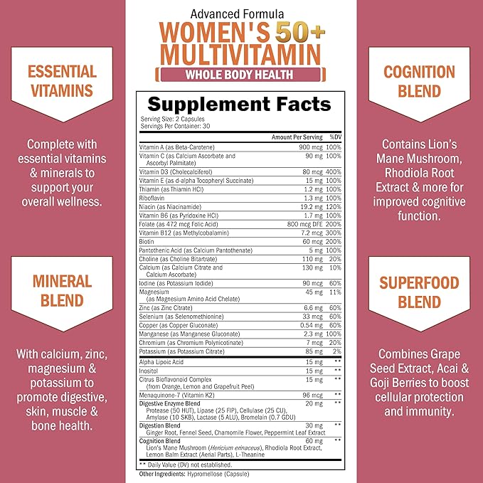 Daily Multivitamin for Women 50 & Over – Memory Support Supplement – Promotes Stress Reduction & Healthy Immune Response – Women's Multivitamin Supplement Designed for Stomach Comfort - 60 Capsules