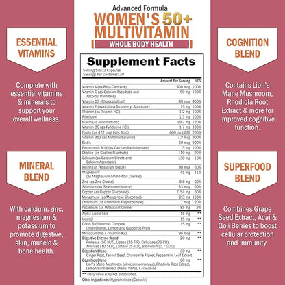 Daily Multivitamin for Women 50 & Over – Memory Support Supplement – Promotes Stress Reduction & Healthy Immune Response – Women's Multivitamin Supplement Designed for Stomach Comfort - 60 Capsules