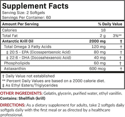 Futurebiotics Antarctic Krill Oil 2000mg with Astaxanthin, Omega-3s EPA, DHA and Phospholipids - 100% Pure Premium Krill Oil Heavy Metal Tested, Non GMO – 120 Softgels