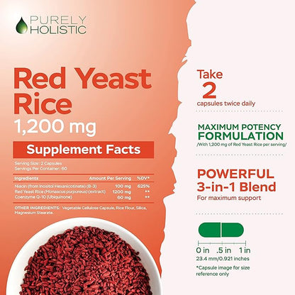 Red Yeast Rice 1200mg with CoQ10 Supplement & Flush Free Niacin 120 Extra Strength Vegetarian Capsules – Advanced Healthy Heart Formula - Non-Irradiated, Citrinin Free