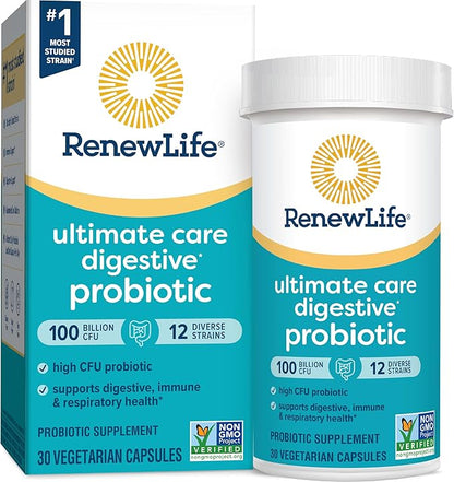 Renew Life Ultimate Care Probiotic Capsules, Daily Supplement Supports Respiratory, Digestive and Immune Health, L. Rhamnosus GG, Dairy, Soy and gluten-free, 100 Billion CFU, 30 Count