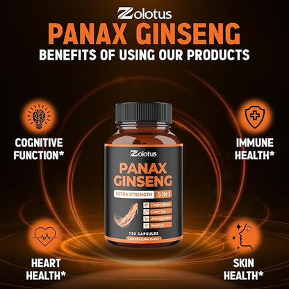 Zolotus Korean Red Panax Ginseng + Ginkgo Biloba, Ashwagandha, Beetroot, Green Tea - 120 Capsules for 2 Month Supply