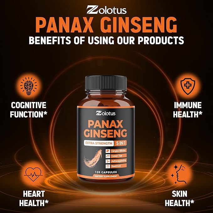 Zolotus Korean Red Panax Ginseng + Ginkgo Biloba, Ashwagandha, Beetroot, Green Tea - 120 Capsules for 2 Month Supply