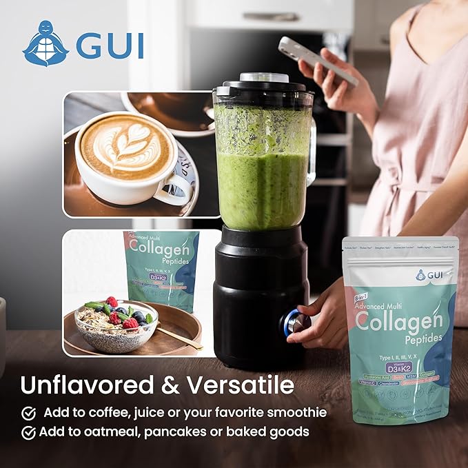 8in1 Advanced Multi Collagen Peptides, 16 Oz - Hydrolyzed Protein | Type I, II, III, V, X with Vitamin D3 & K2, Hyaluronic Acid, Biotin, Vitamin C, MSM, Glucosamine Sulphate & Chondroitin - Unflavored