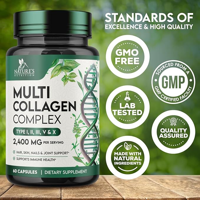 Collagen Peptides for Women & Men - Type I, II, III, V, X Multi Collagen, Hydrolyzed Collagen Supplement Supports Hair, Nail, Skin, Bone and Joint Health with Vital Nutrients & Proteins - 60 Capsules