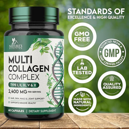 Collagen Peptides for Women & Men - Type I, II, III, V, X Multi Collagen, Hydrolyzed Collagen Supplement Supports Hair, Nail, Skin, Bone and Joint Health with Vital Nutrients & Proteins - 60 Capsules