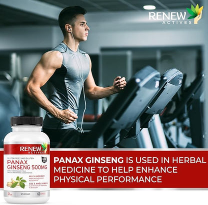 RENEW ACTIVES Panax Ginseng 1000MG per 2 Capsules – Boosts Physical & Cognitive Health, Enhances Energy, Supports Mental Clarity & Focus, Promotes Performance & Vitality – Made in Canada – 60 Capsules