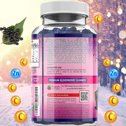 FRESH HEALTHCARE Elderberry Gummies with Vitamin C, Zinc & Sambucus Elderberry 30:1 Extract - 100% Vegan - Immune Support for Adults & Kids - 120 Count Gummy Supplement