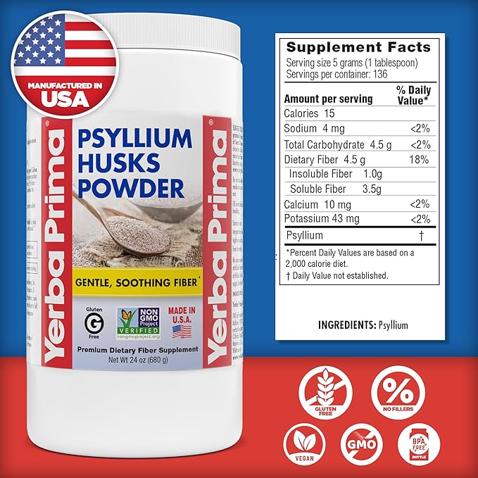 Yerba Prima Psyllium Husks Powder - 24 oz (Pack of 2) - Unflavored - Fine Ground - Natural Fiber Supplement with Soluble & Insoluble Fiber
