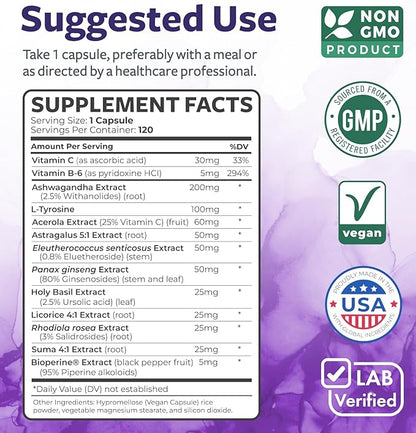 Adrenal Support & Cortisol Manager (Non-GMO) Powerful Adrenal Health with L-Tyrosine & Ashwagandha - Maintain Balanced Cortisol Levels & Stress Relief - Fatigue Supplement - 120 Capsules