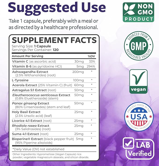 Adrenal Support & Cortisol Manager (Non-GMO) Powerful Adrenal Health with L-Tyrosine & Ashwagandha - Maintain Balanced Cortisol Levels & Stress Relief - Fatigue Supplement - 120 Capsules